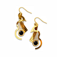 Cubist Guitar Gold Earrings, Black Bead