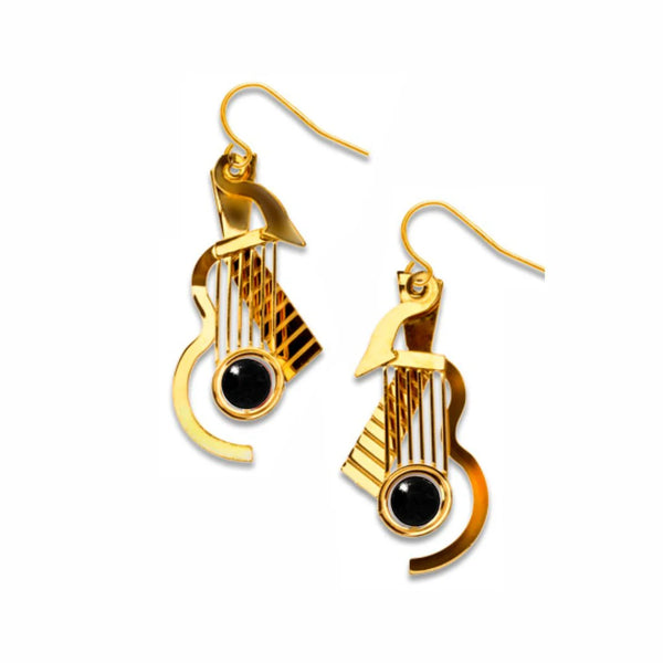 Cubist Guitar Gold Earrings, Black Bead
