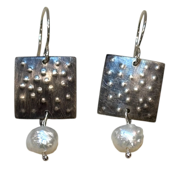 Janet Squared Oxidized Sterling and Pearl Earring
