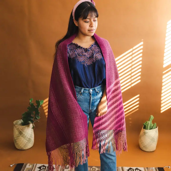 Zapotec Wool Rebozo/Shawl, Cochineal Dyed